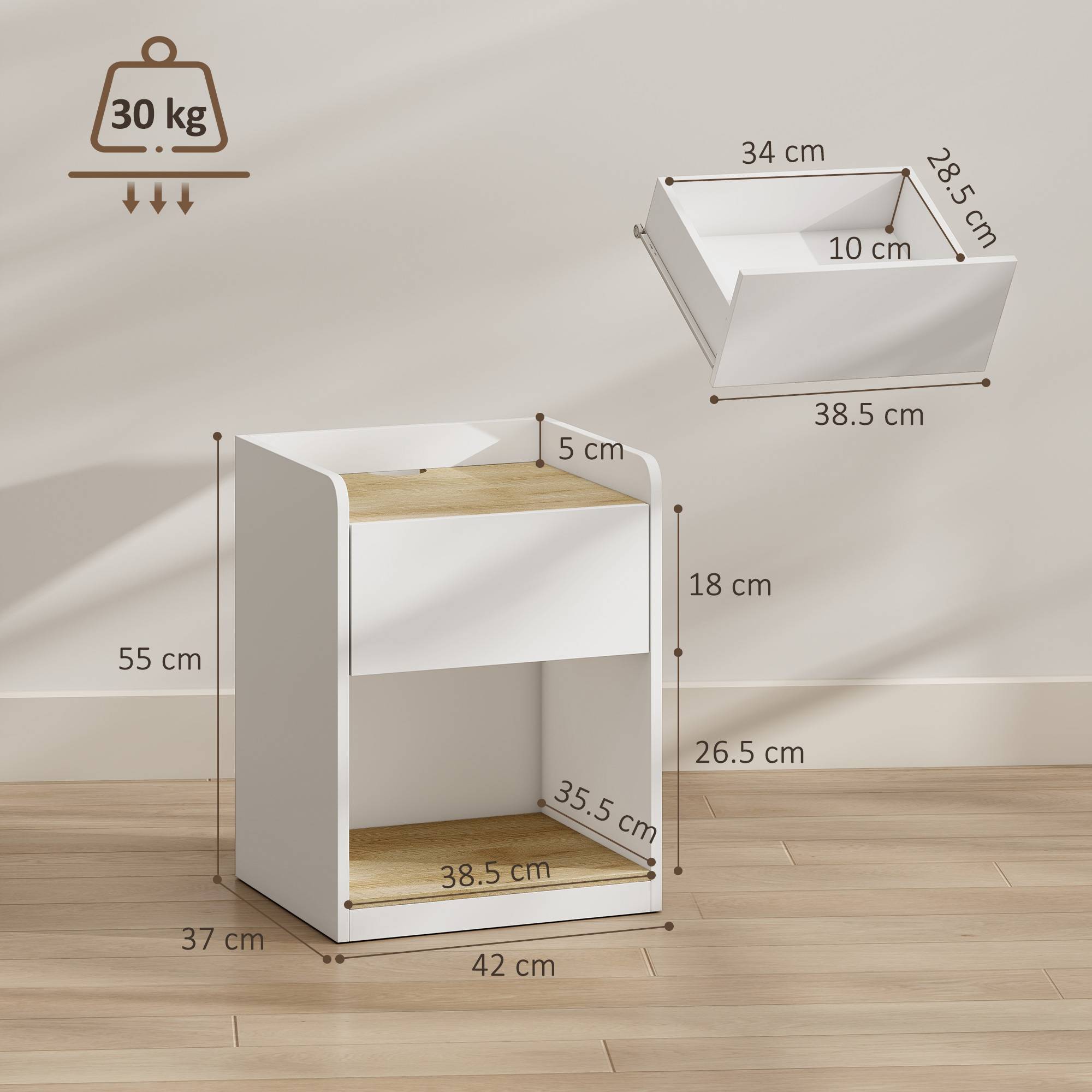 HOMCOM Modern Bedside Table with Drawer and Cable Holes - White and Oak - Image 7