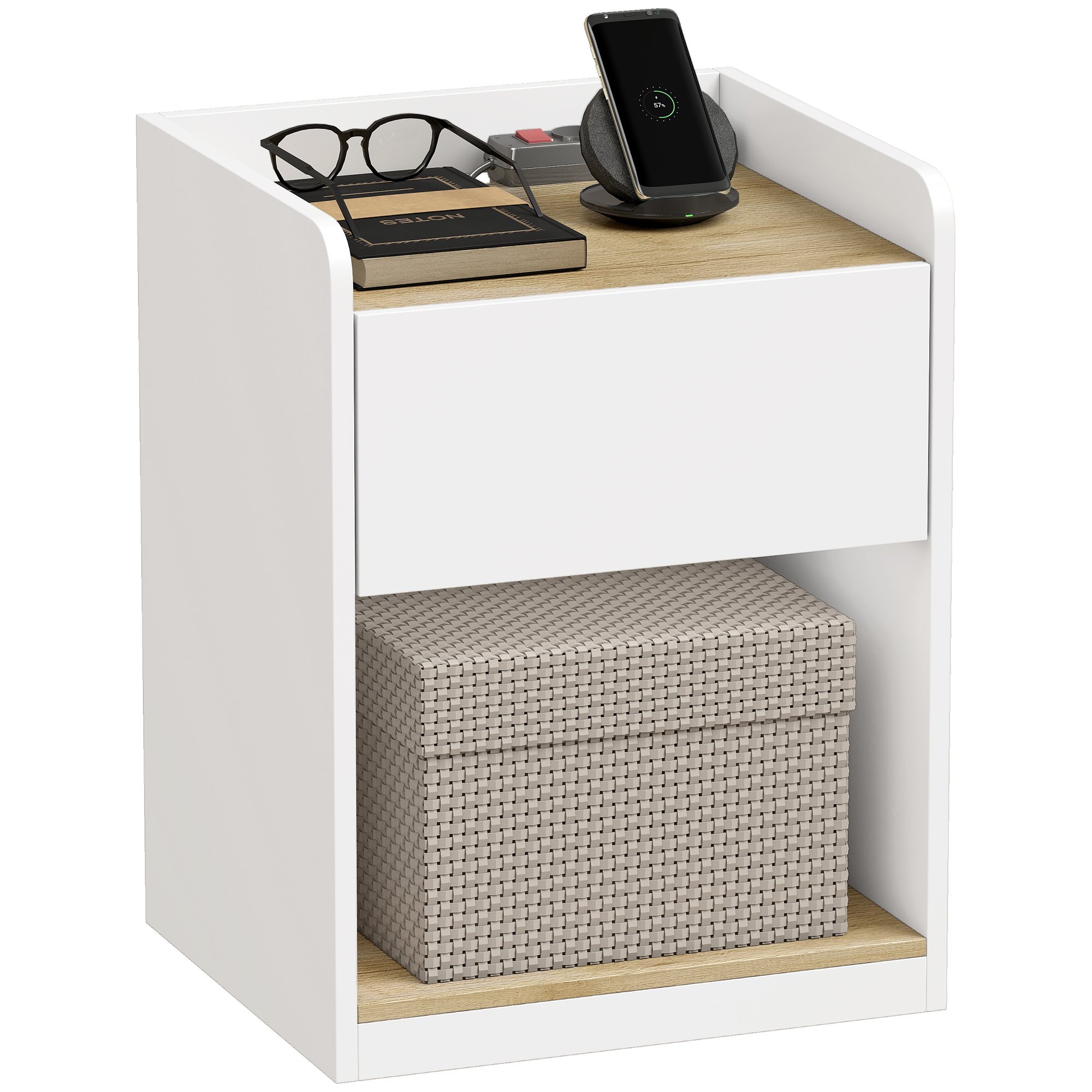 HOMCOM Modern Bedside Table with Drawer and Cable Holes - White and Oak - Image 1