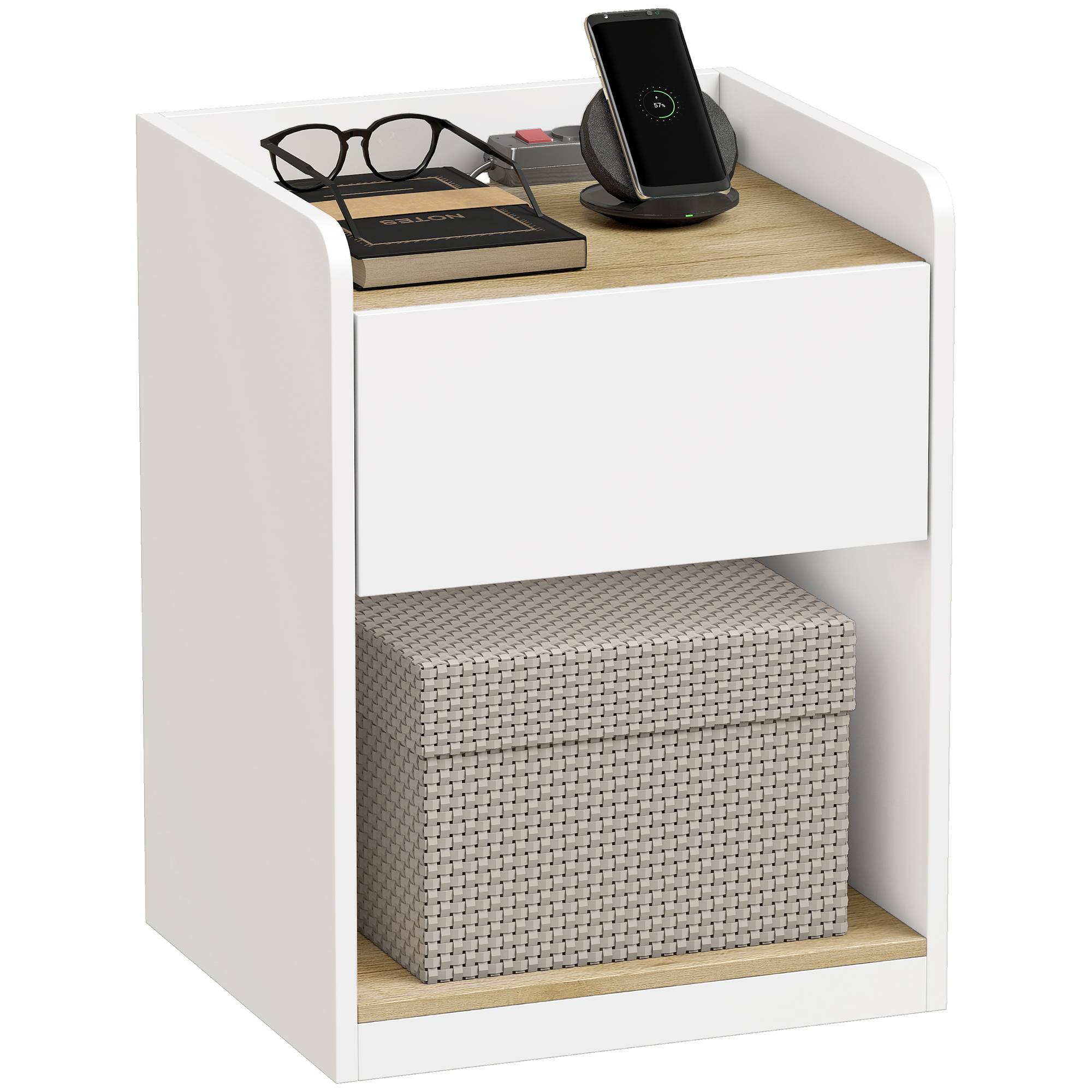 HOMCOM Modern Bedside Table with Drawer and Cable Holes - White and Oak - Image 1