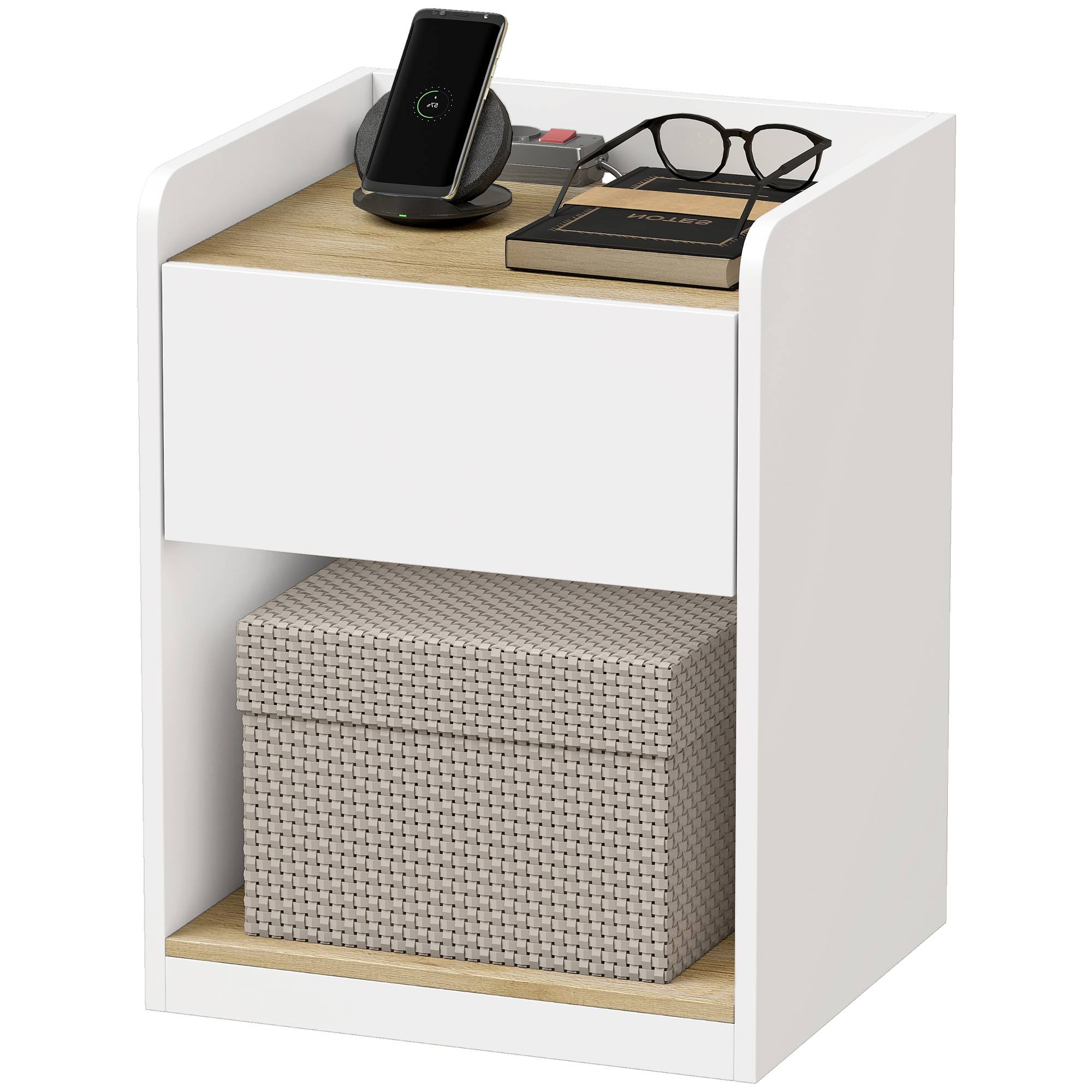 HOMCOM Modern Bedside Table with Drawer and Cable Holes - White and Oak - Image 2
