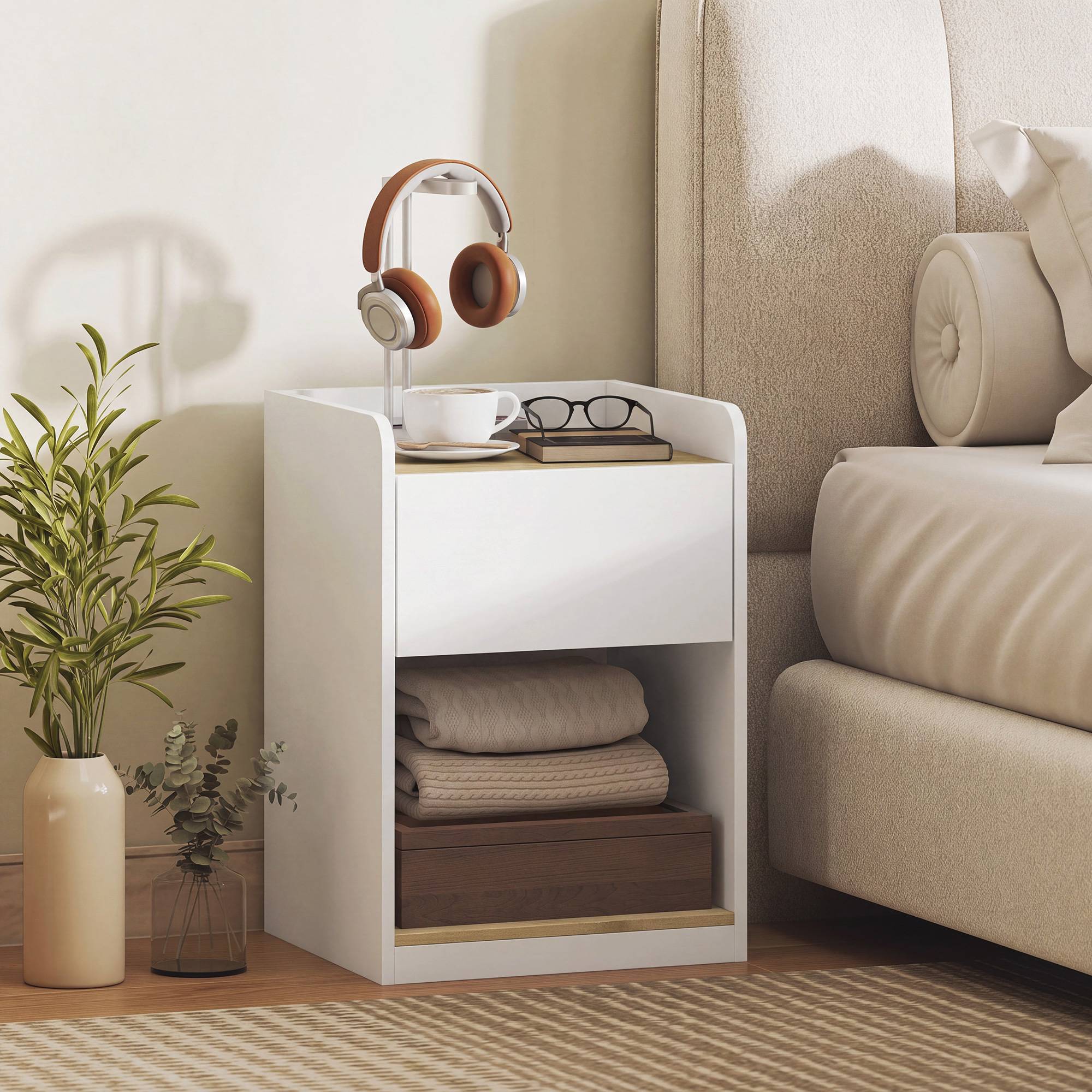 HOMCOM Modern Bedside Table with Drawer and Cable Holes - White and Oak - Image 3