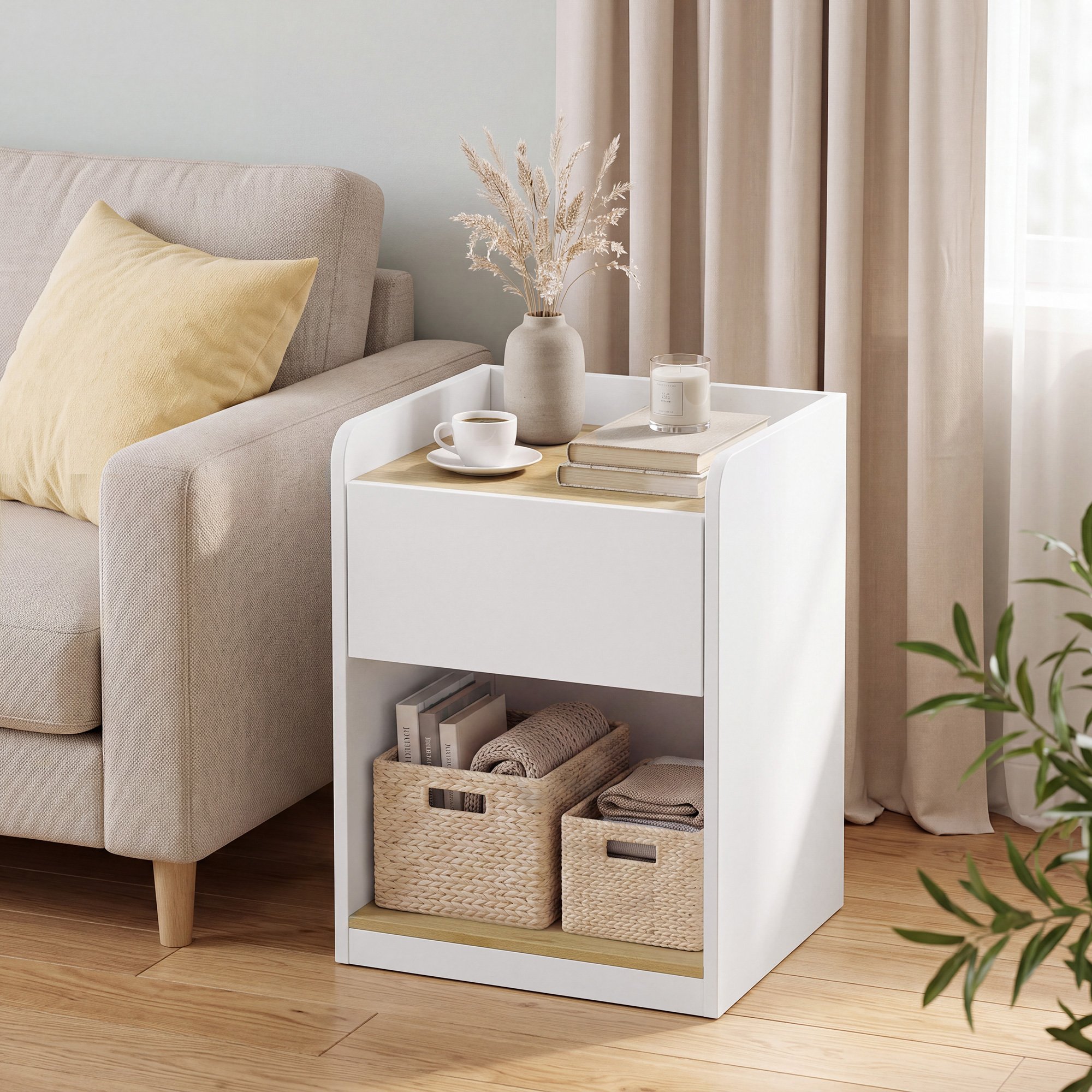 HOMCOM Modern Bedside Table with Drawer and Cable Holes - White and Oak - Image 4