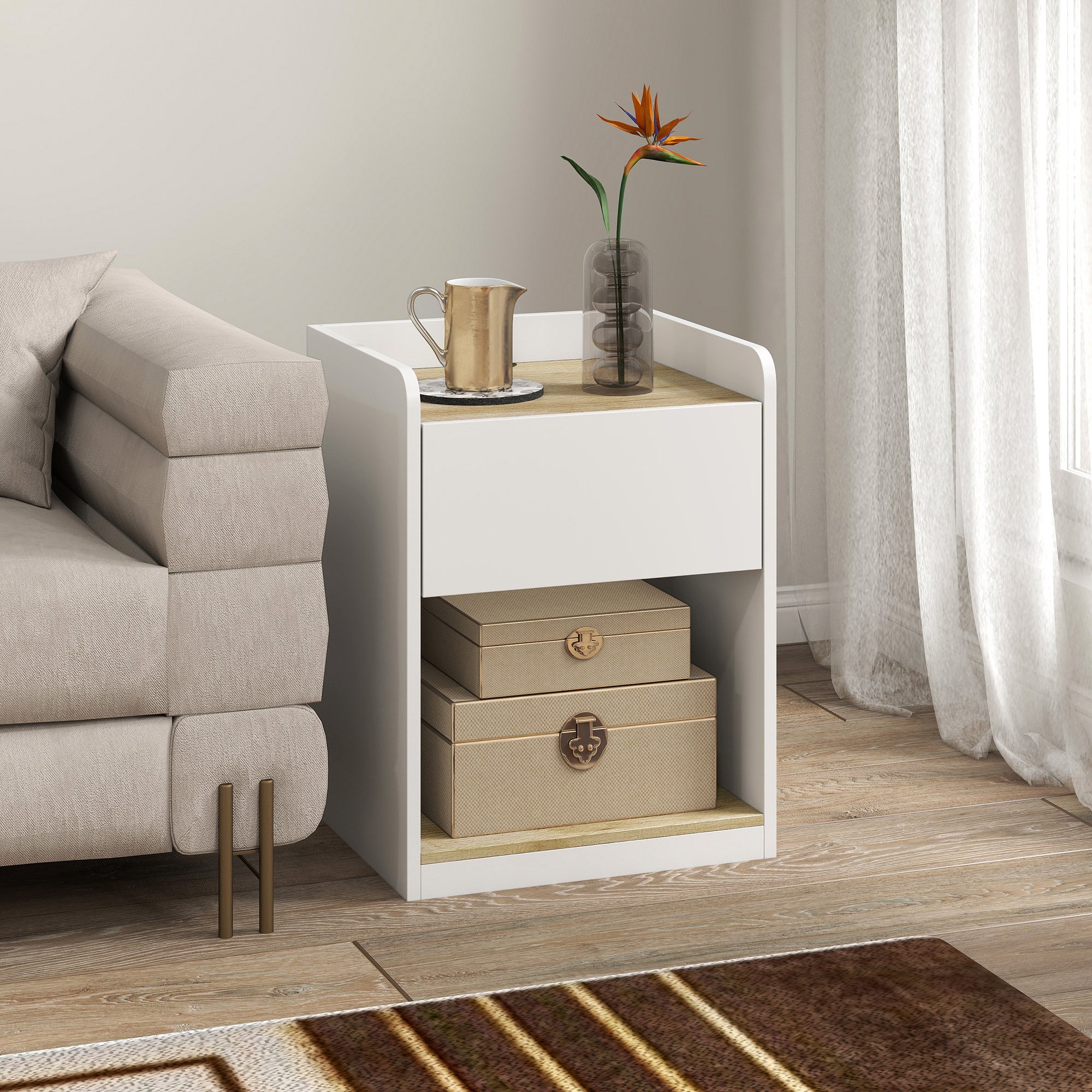 HOMCOM Modern Bedside Table with Drawer and Cable Holes - White and Oak - Image 5