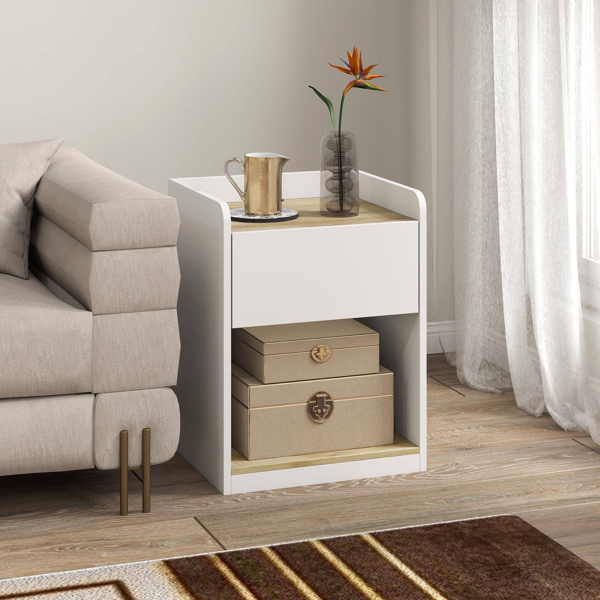 HOMCOM Modern Bedside Table with Drawer and Cable Holes - White and Oak - Image 5
