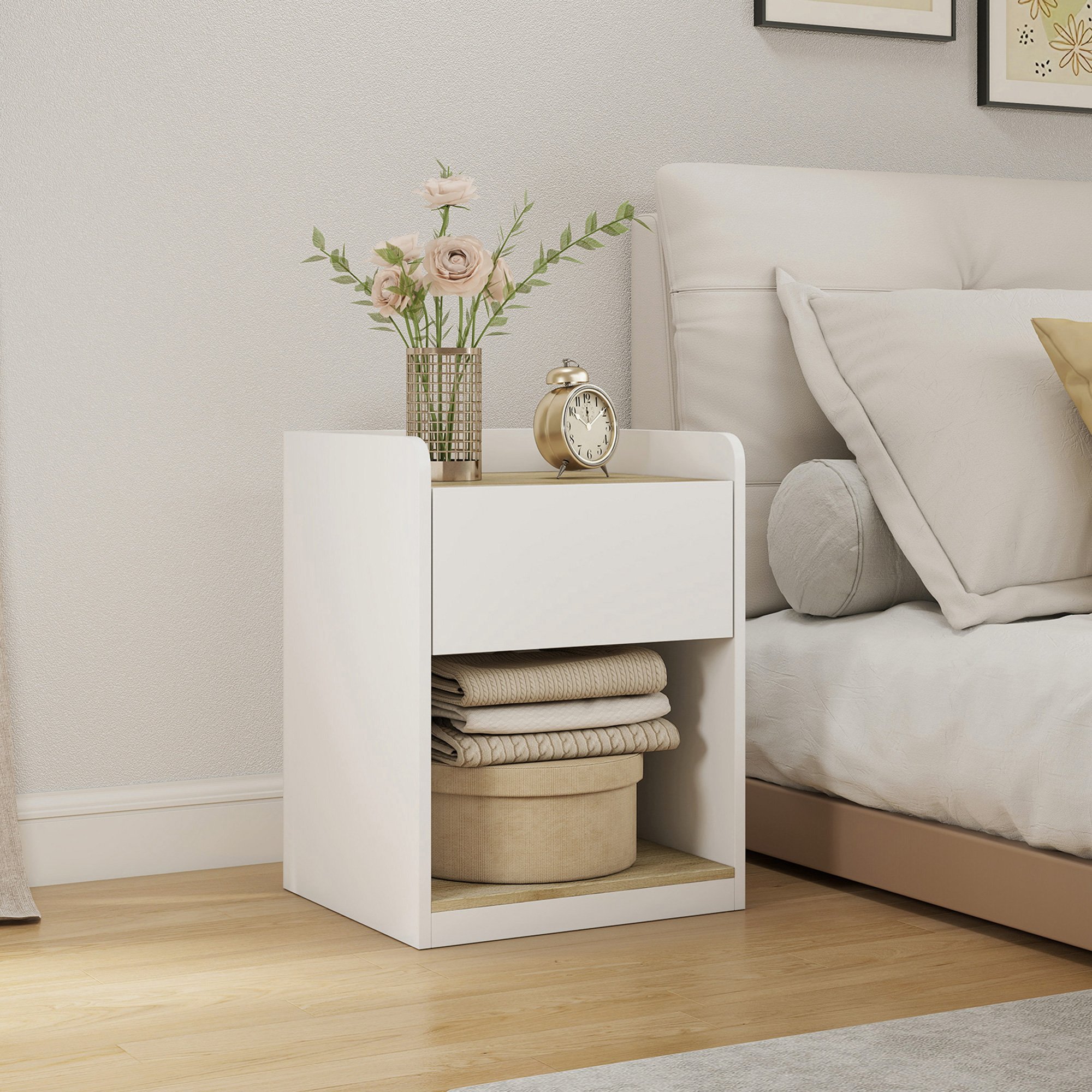 HOMCOM Modern Bedside Table with Drawer and Cable Holes - White and Oak - Image 6