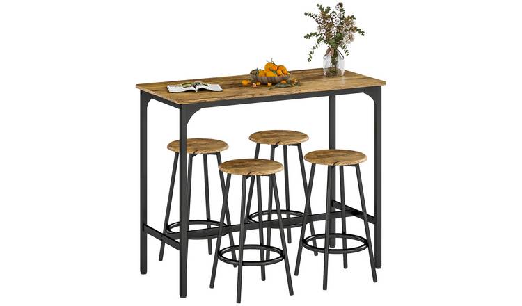 HOMCOM 5 Piece Industrial Bar Table and Stools with Metal Frame - Rustic Brown