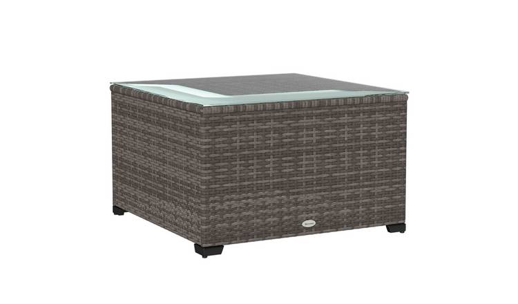 Outsunny PE Rattan Small Garden Side Table with Tempered Glass Top - Dark Grey