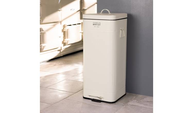 Charles Bentley 30L Steel Square Retro Kitchen Pedal Waste Bin - Cream
