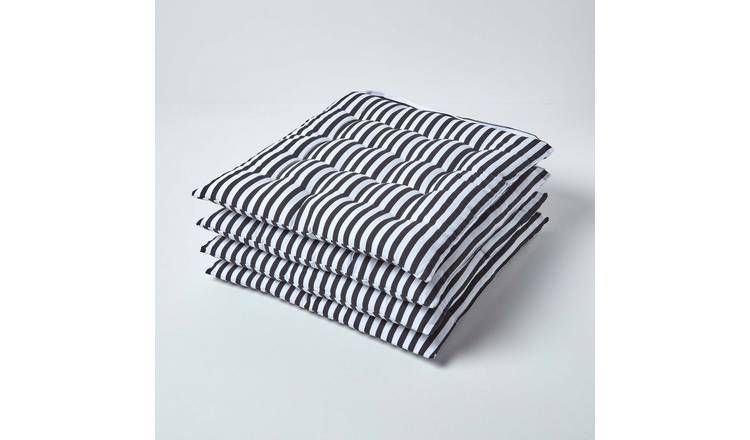 Homescapes Pack of 4 Striped Cotton Seat Pad Cushion - Black and White