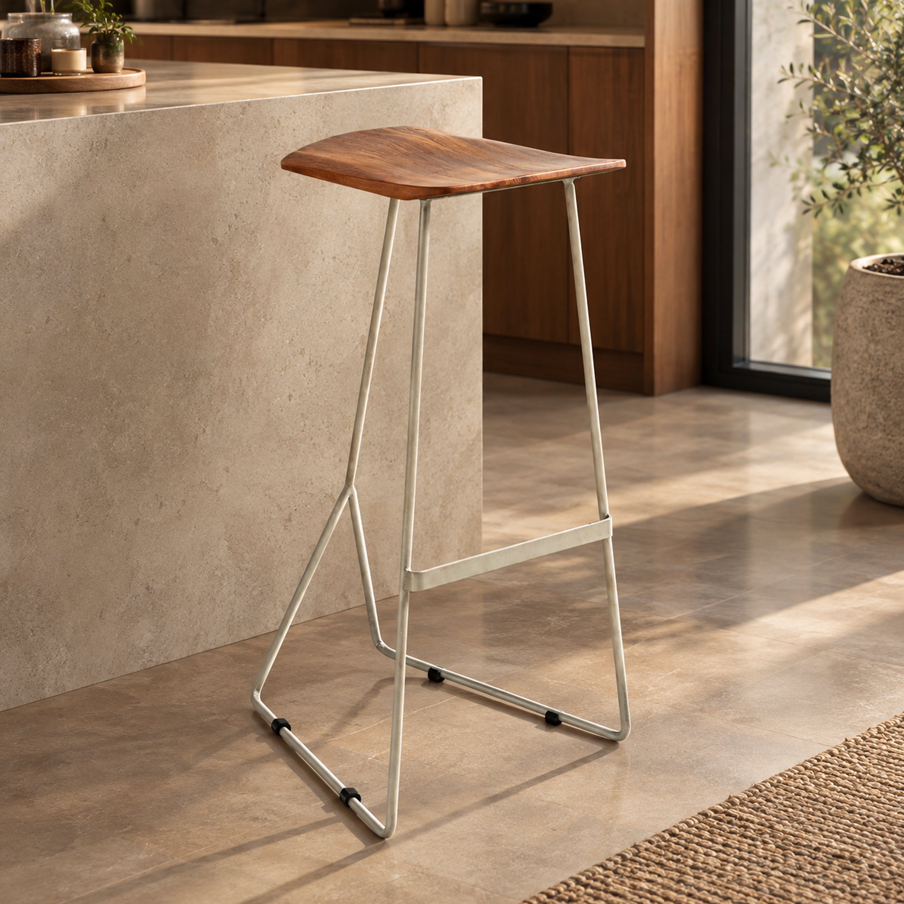 Buy Orsina Nandri Acacia Wood Bar Stool – Natural & Antique Silver