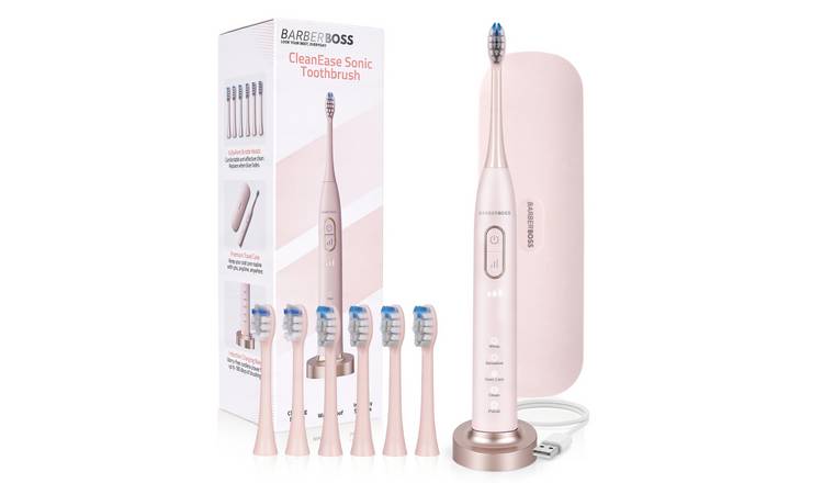 BarberBoss CleanEase Sonic Electric Toothbrush Pink - 6 Brush Heads 