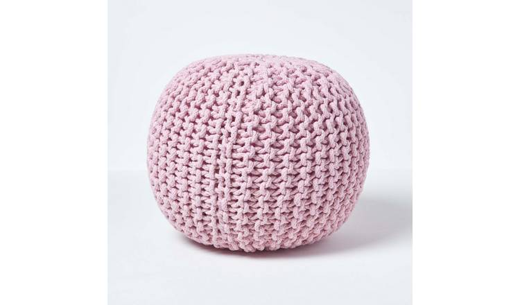 Homescapes Round Cotton Knitted Pouffe Footstool – Pastel Pink