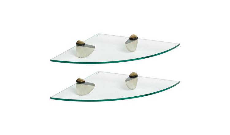 Harbour Housewares Floating Glass Bathroom Corner Shelves - 2x Gold - 30 x 30cm