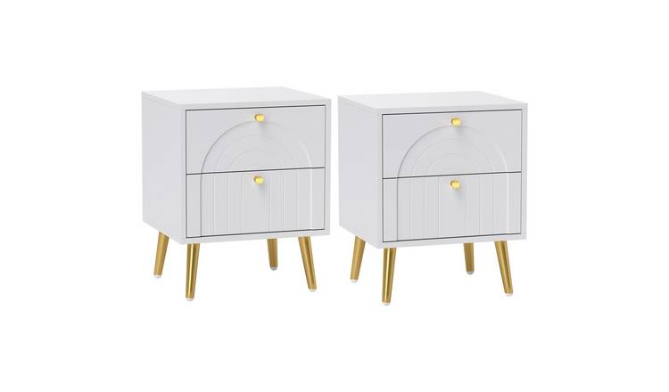 HOMCOM Set of 2 Bedside Table with 2 Drawers and Steel Legs - White