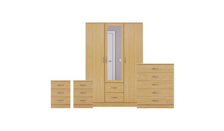 Vida Designs Riano Bedroom Set (Bedsides, 5 Drawer Chest, Mirror Wardrobe)-Pine