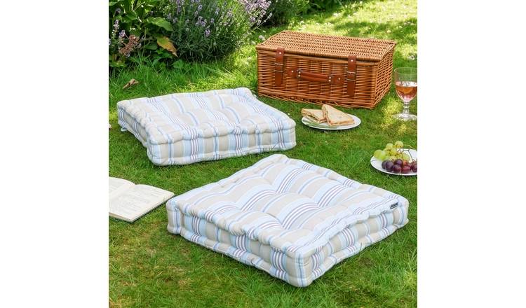 Dibor Set of 2 Striped Box Outdoor Garden Chair Cushion Seat Pads - Blue