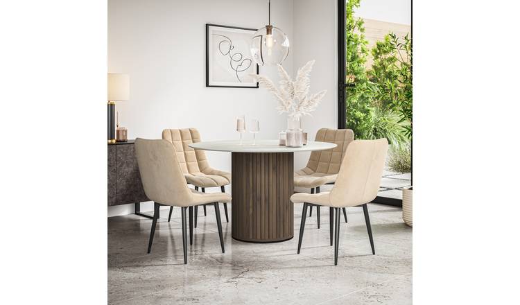 Furniture Online Arlo Nova Walnut Top w Wal Legs Dining Table & 4 Beige Chairs