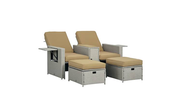 Outsunny 5 Piece PE Rattan Reclining Garden Sun Lounger Adjustable - Beige