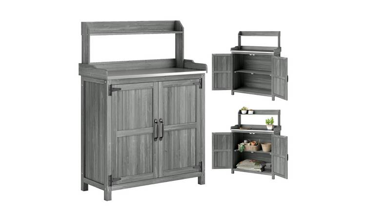 Outsunny Wooden Potting Bench Table with Aluminium Worktop - Grey