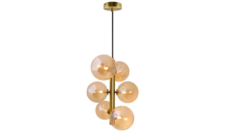 Energy Light Bulbs Cluster 6 Light Amber Glass Ceiling Pendant Light - Brass