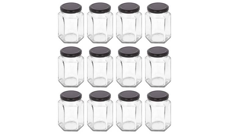 Argon Tableware Hexagonal Glass Jam Jars with Black Lids - Pack of 12
