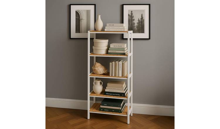 Neo 5 Tier Bamboo Storage Shelf Shelves Rack - White & Natural