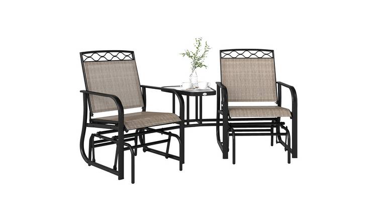 Outsunny 2 Seater Patio Rocking Chairs with Tempered Glass Table - Brown