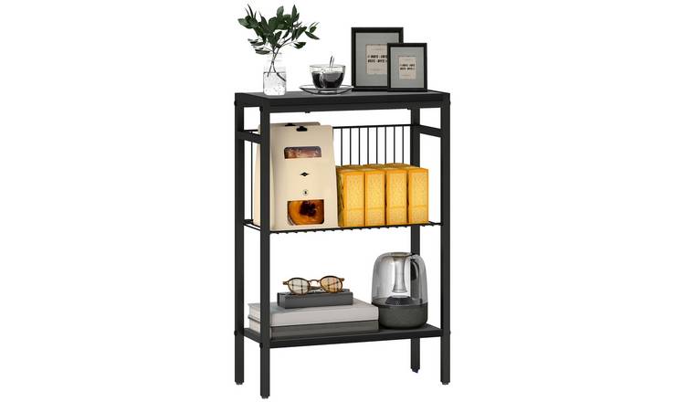 HOMCOM 3 Tier Small Bedside Table with Steel Frame - Black