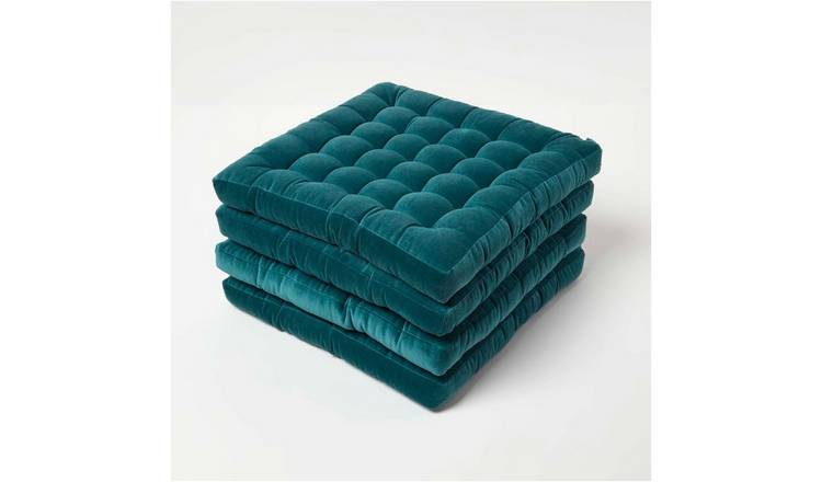 Homescapes Pack of 4 Velvet Seat Pad Chair Cushions - Teal