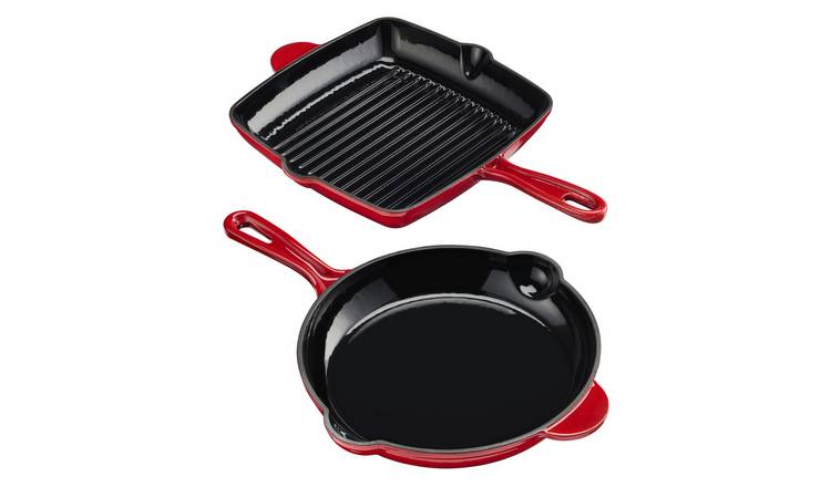 Cooks Professional 2 Piece Cast Iron Frying Pan and Skillet Set - Red