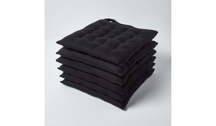 Homescapes Pack of 6 Cotton Seat Pad Chair Cushions - Black