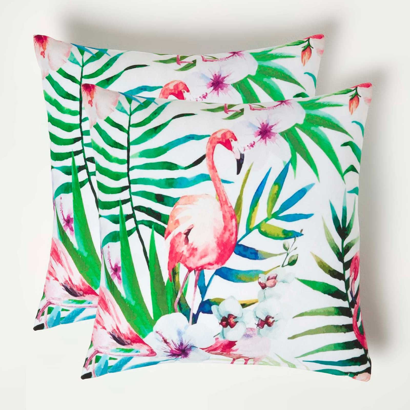 Homescapes Pack of 2 Pink Flamingo Outdoor Cushion - Pink - Image 1