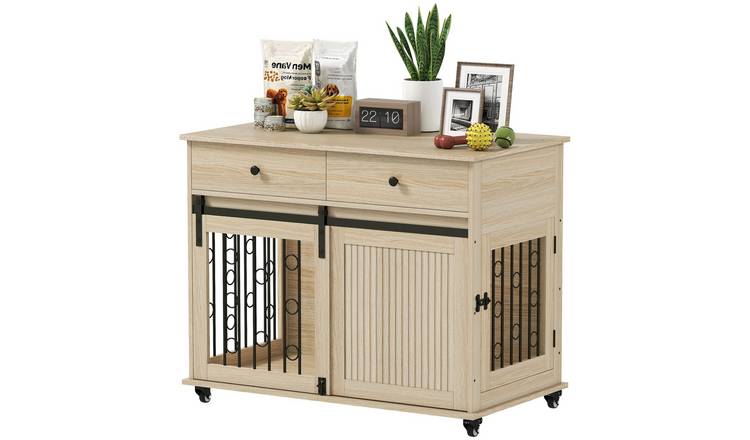 PawHut 100cm 2 Drawer Sliding Door Wheeled Dog Crate – Oak