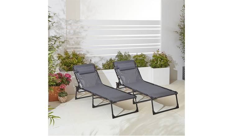 Neo Pair of Grey Outdoor Folding Sun Loungers