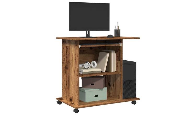 Walplus Pull Out Keyboard Tray Wheels Computer Desk - Old Wood - 80 x 50 x 75 cm
