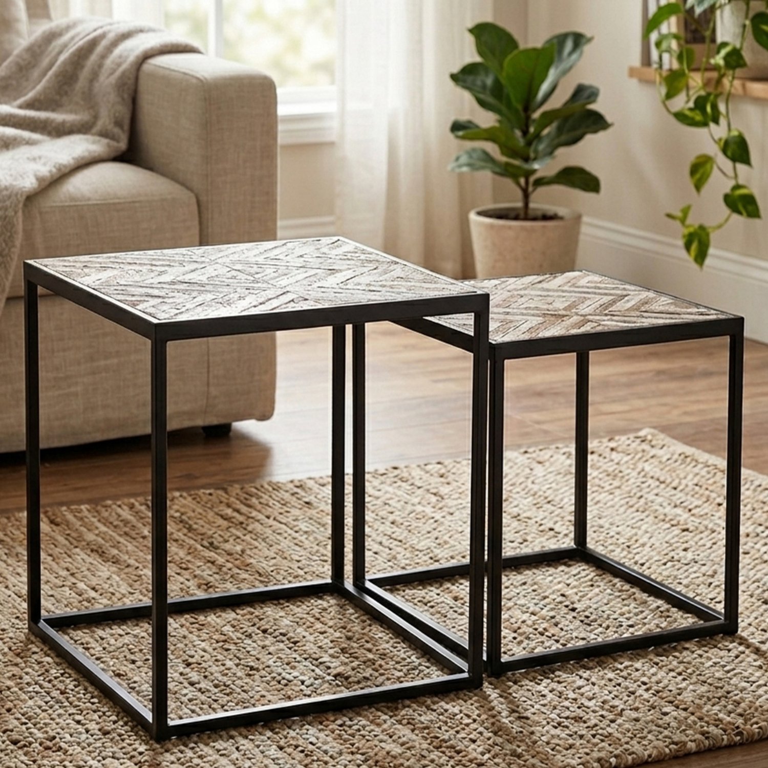 Orsina Rustic Chevron Metal and MDF Side Tables, Set of 2 - Black and White - Image 3