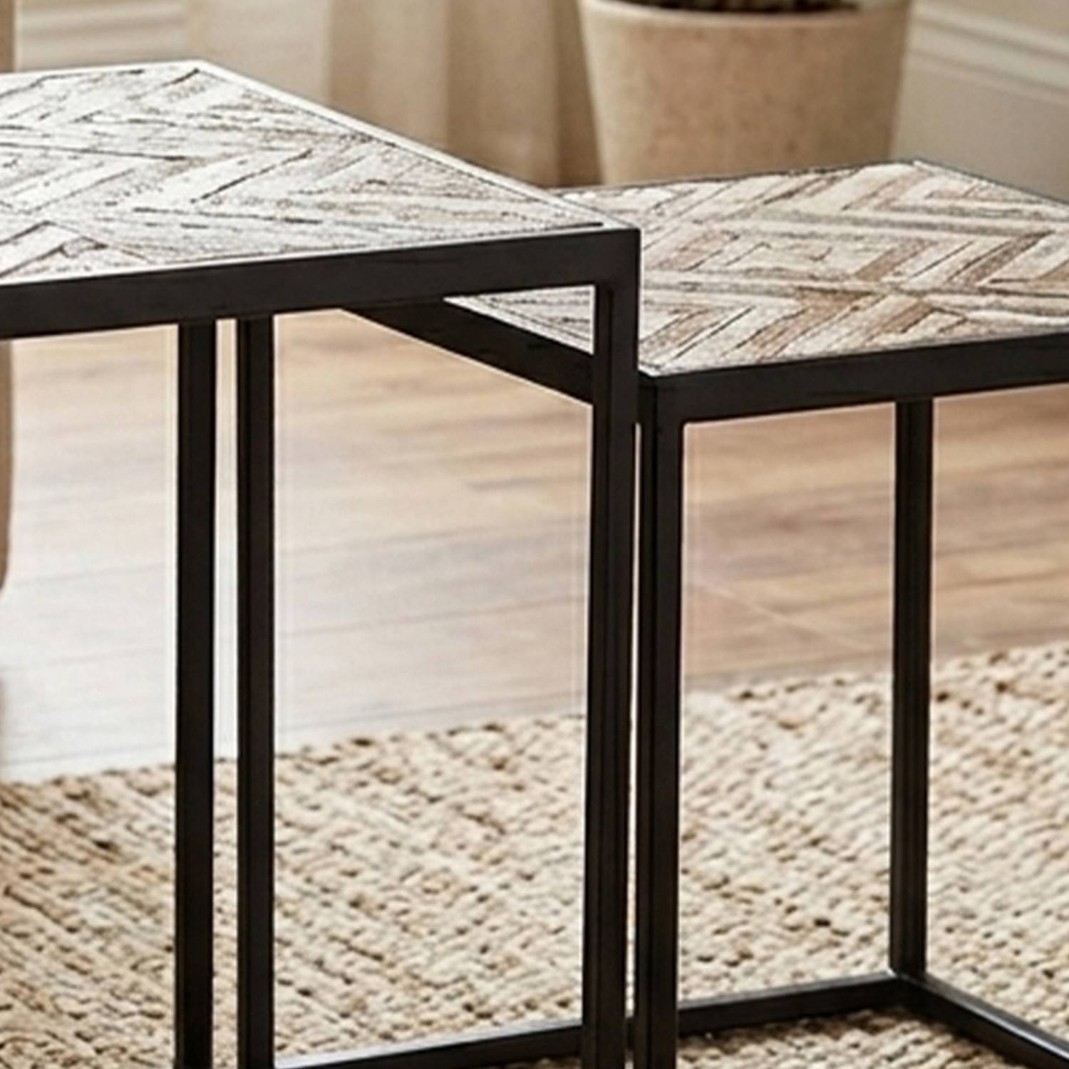 Orsina Rustic Chevron Metal and MDF Side Tables, Set of 2 - Black and White - Image 4