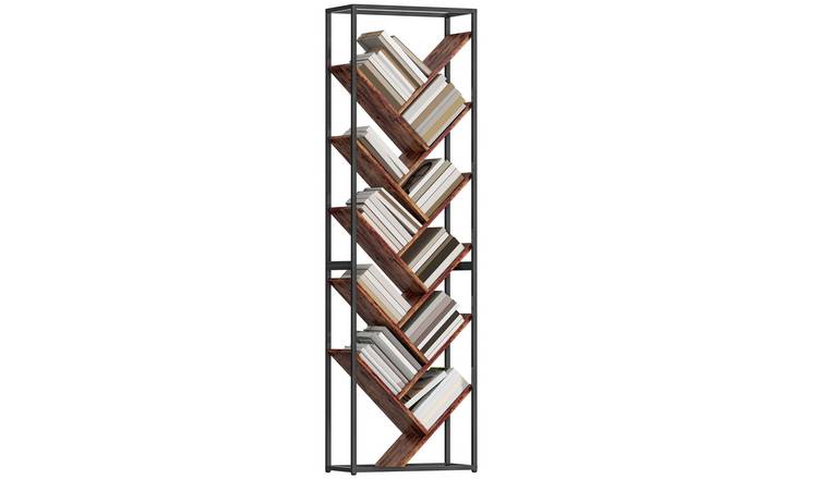 HOMCOM 10 Tier Industrial Tree Floor Standing Bookcase - Rustic Brown and Black
