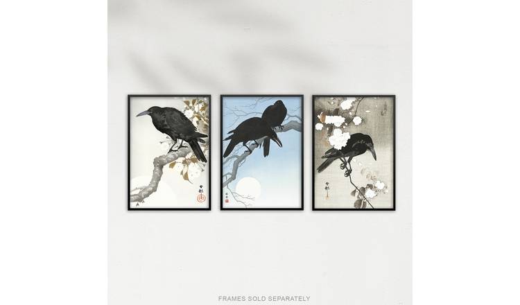 Ohara Koson Crows Black White Blue Japanese Set Of 3 Wall Art Poster Pack - A4