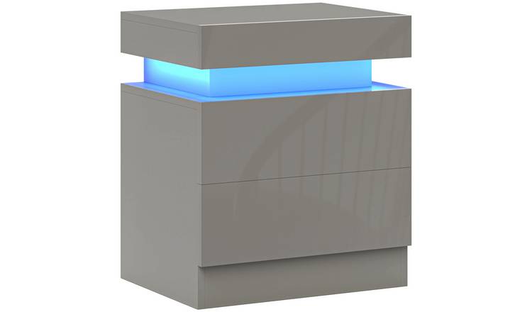 HOMCOM High Gloss Front Bedside Table with Light and 2 Drawers - Grey