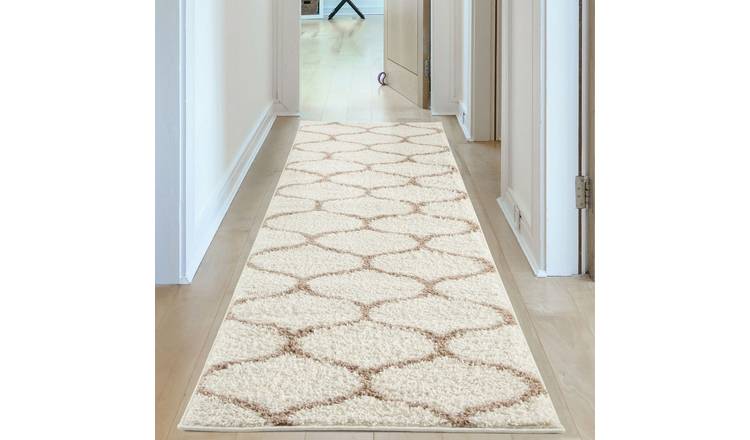 The Rugs  Cream and Beige Moroccan Shaggy Trellis Runner Rug - 80 x 300cm