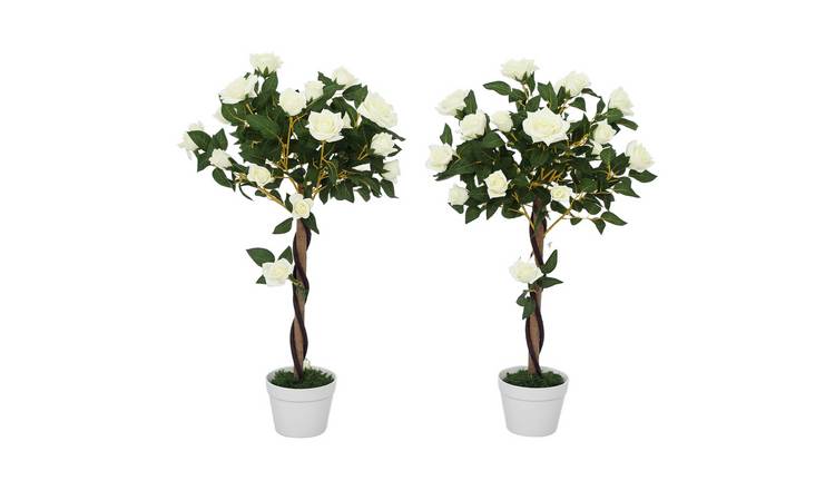 Outsunny Set of 2 Artificial Rose Trees - White