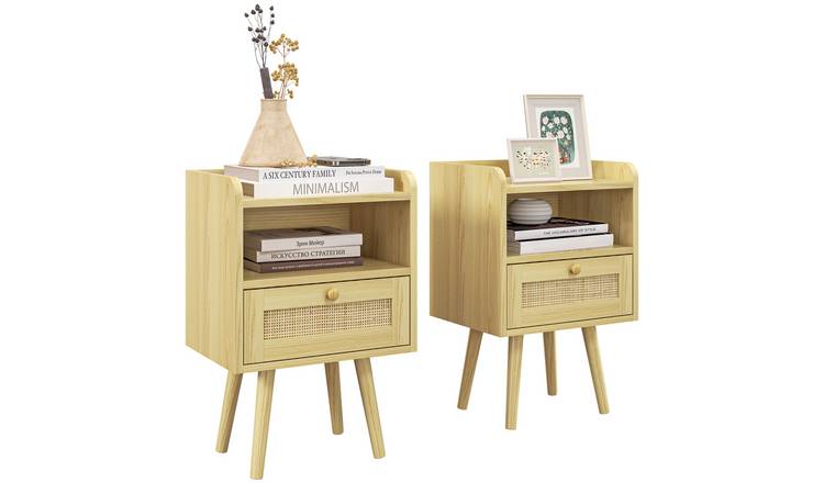 HOMCOM Set of 2 Boho Styled Bedside Tables with Drawer - Natural Wood Finish