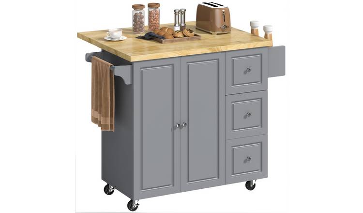 HOMCOM Rolling Kitchen Island with Drop Leaf Rubber Wood Top - Grey