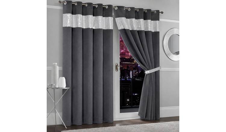 New Edge Blinds Charcoal Diamante Blackout Eyelet Curtains - 167cm x 137cm
