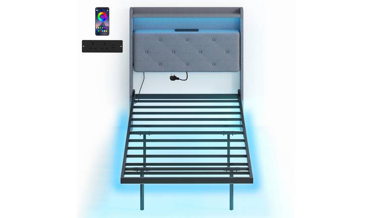 HOMCOM 3ft Single Floating Bed Frame with Lights and Charging Station - Grey