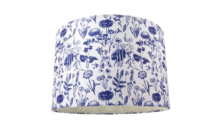 Happy Homewares White Cotton Drum with Blue Floral Decoration Lampshade - 30cm