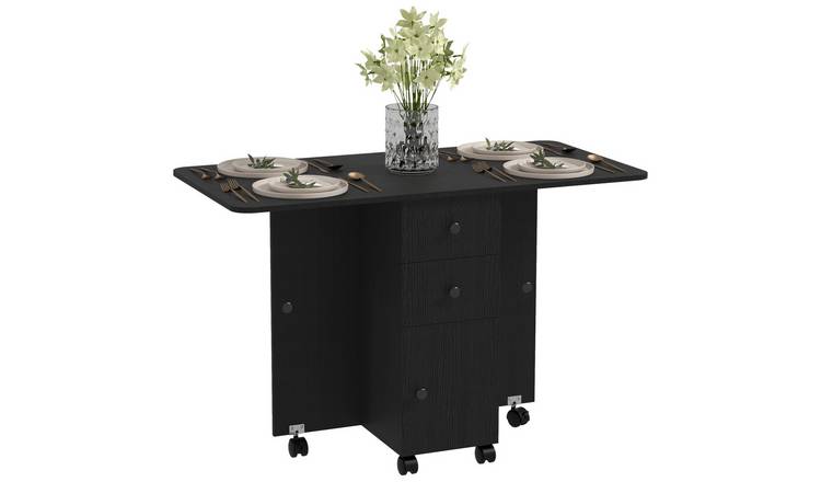 HOMCOM Rolling Drop Leaf Table on Wheels with Drawers - Black