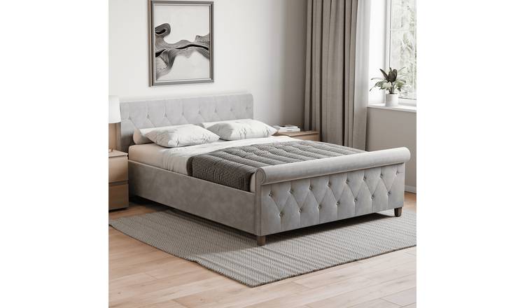 Vida Designs Vittorio Velvet Double Bed With Foam Mattress - Light Grey