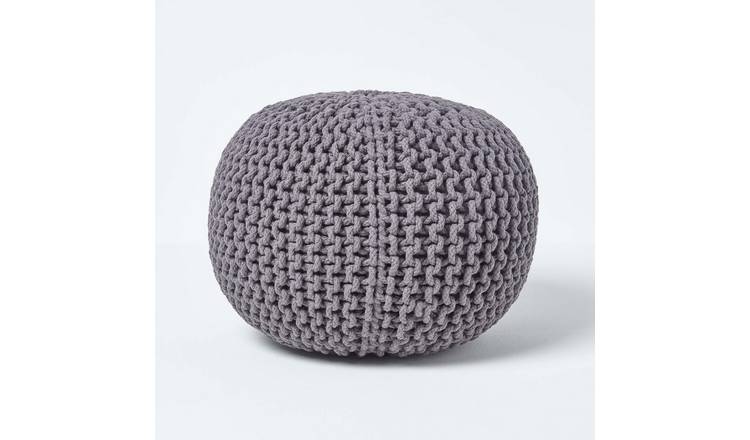 Homescapes Round Cotton Knitted Pouffe Footstool – Sea Grey